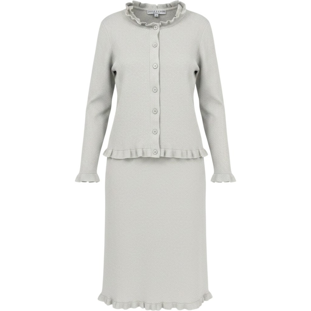 Lily & Taylor 2pc Knit Church Suit Dress Ruffled Edges Women's L Silver Metallic